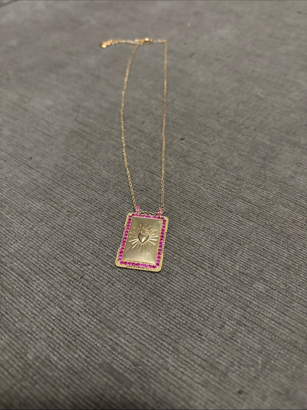Gold Rectangular Heart Pendant Necklace with Pink Stone Border